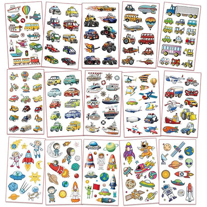 Waterproof Temporary Tattoos For Kids - 300 Pieces | Dinosaurs, Vehicles and Space | Temporary Tattoo Sheets for Boys | Party Favor for Goody Bags | Non-toxic、Skin-Safe*、Cosmetic-Grade