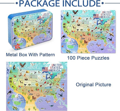 LELEMON Puzzles for Kids Ages 4-6,USA Map 100 Piece Puzzles for Kids Ages 4-8 in a Metal Box, Educational Jigsaw Puzzles 100 Piece Puzzle Games Puzzle Toys for Girls and Boys