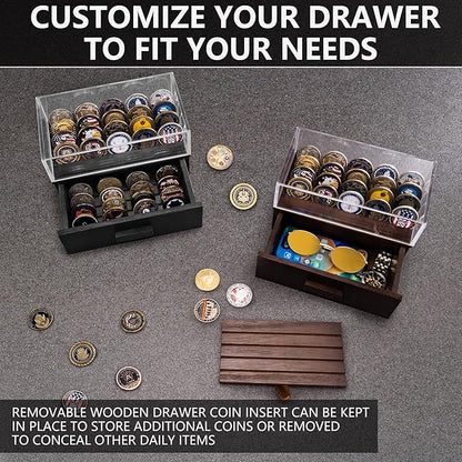 Black Wooden Challenge Coin Display Case with Clear Cover - Medium Military Coin Display Case Holds 20 Coins on Top & 16 in The Storage Drawer - Versatile Coin Stand Holder & Poker Chip Display Case
