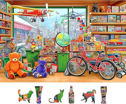 Fantasy Toy Store 500 Piece Jigsaw Puzzle for Adults Adventure Vintage Scene Shop Fun Puzzles with Letters on Back Bears Bicycles Unique Challenge Gift Toy for Family Seniors (23"X15")