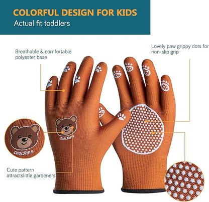 COOLJOB Medium Toddler Gardening Gloves for Little Boys Girls Ages 4-6, Breathable Kids Work Gloves with Grippy Animal Paw Dots for Children Yard Landscape, Brown Bear, 1 Pair