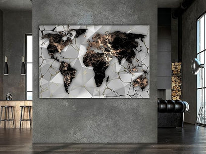 artgeist Textured Canvas Wall Art World Map 24x16 in - 1pcs Painting Canvas Prints Picture Artwork Image Framed Modern Photo Wall Home Marable Black k-C-10012-b-a