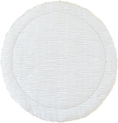 MakeMake Organics Organic Play Mat GOTS Certified Organic Cotton Nursery Floor Rug Washable Reversible Non Toxic Activity Mat Tummy Time Crawling Pad Thick Quilted (Round 48",Blue Stripes,Solid Ivory)