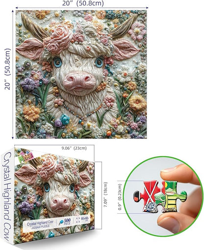 500 Piece Art Jigsaw Puzzle for Adults - Unique 3D Embroidery Flower Cow, Cool Puzzles for Adults, Challenging Adult Puzzle 20x20 Inch