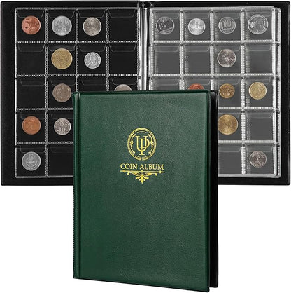 200 Pockets Coin Album - Coin Collecting Book with 10 Pages, 33x33 mm Grid Holder for Pounds Pence Cents Dollars Nickel (Green) CS48200GR