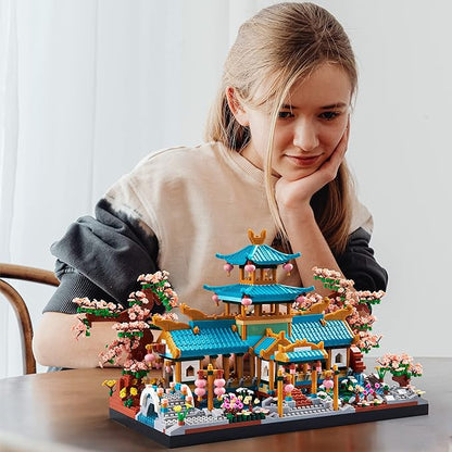 JXRLMB Chinese Classical Suzhou Gardens Micro Building Blocks Sets with Sakura Cherry Tree Challenging Construction Set for Adults, Home and Office Decoration, Gift for Kids Age of 14+ 2350 pcs