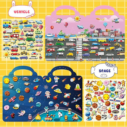 6Set Puffy Sticker Books for Kids, 3D Reusable Stickers Books for Toddlers 3-5,Farm+Animal+Dinosaurs+Ocean World+Space+Vehicle