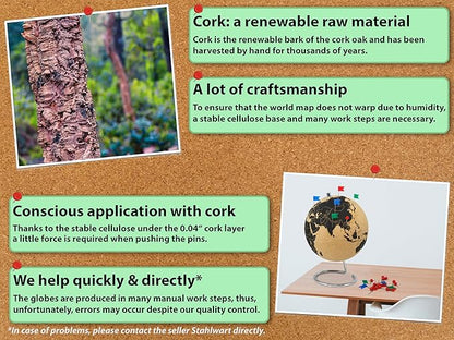 Beautiful Cork Globe with 102 Different Push Pins - Spinning Travel Globe 26cm / 10 inch High with Push Pin Made of Cork – as Travel Map & Gift Idea for Globetrotters