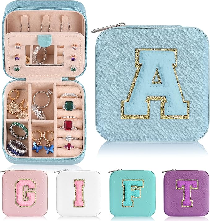 Parima Travel Essentials for Women Jewelry Box, Travel Accessories for Teen Girls Trendy Stuff | Necklace Organizer Earrings Organizer Ring Organizer - Letter A, Sky Blue