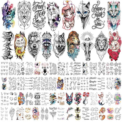 Temporary Tattoos for Kids and Adults, 77 Sheets Waterproof Cat Dog Animal Designs, Colorful and Long Lasting