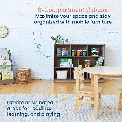 ECR4Kids 8-Compartment Mobile Storage Cabinet, 36in, Classroom Furniture, Natural