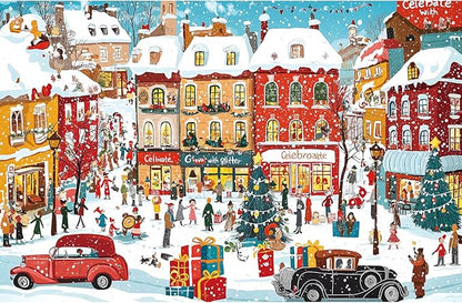 Vintage Christmas Town Jigsaw Puzzles for Adults 500 Pieces Winter Holiday Scene with Classic Cars, Festive Shoppers, Decorated Tree & Snowy Streets - Family Challenge Puzzle （23"x15"