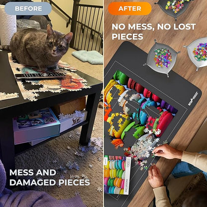 The Original Newverest Jigsaw Puzzle Mat Roll Up, Saver Pad 46” x 26” Portable Keeper Up to 1500 Pieces with Non-Slip Rubber Bottom & Smooth Top + 3 Puzzle Sorting Trays & Travel-Friendly Storage Bag