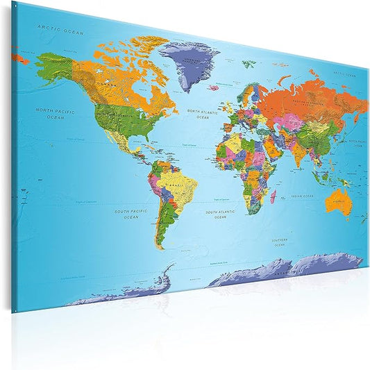 artgeist Pinboard World Map 35x24 in - Cork Board & Canvas Print Wall Art 1 pcs Memoboard with 50 Pins Noticeboard Message Board Image Picture Home Decor Travel Map k-A-0104-p-d