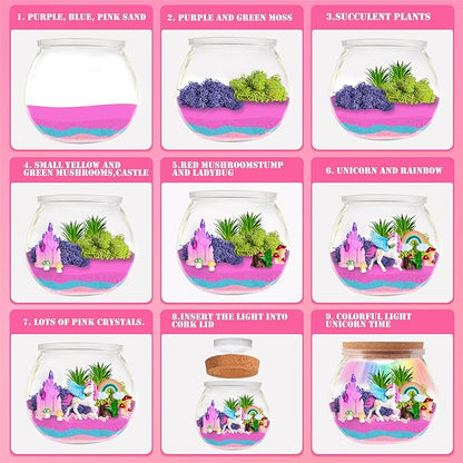Unicorn Terrarium Kit for Girls - LED Light-Up DIY Arts and Crafts Night Light Gift for Kids Ages 4-12Night Light Birthday Gift DIY Arts and Crafts Kit for Kids