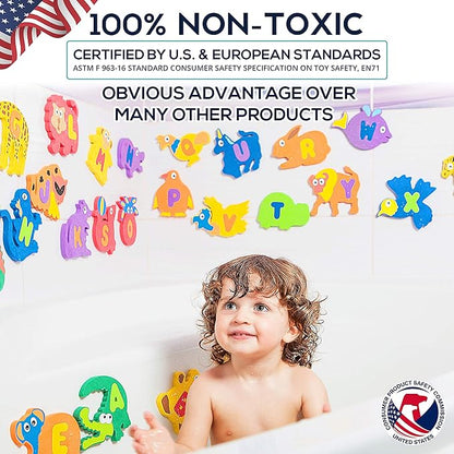 Foam Bath Toys Letters - Set of 52 Pcs - Non-Toxic Bathtub ABC Alphabet for Kids Toddlers - Original Premium Educational Floating Animals Puzzles for Baby Boys Girls
