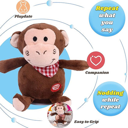 Hopearl Talking Monkey Repeats What You Say Nodding Electric Interactive Animated Toy Speaking Plush Buddy Birthday Festival for Toddlers, 6.5''
