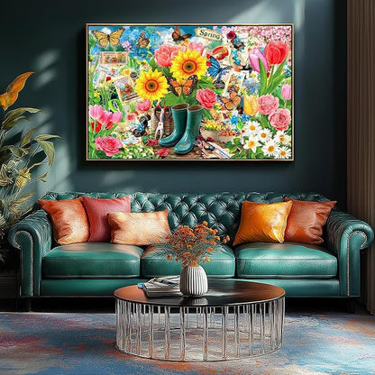 Spring Garden Butterfly 500 Piece Jigsaw Puzzle for Adults Vintage Colorful Flower Art Tulips Sunflowers Puzzle with Letters on Back Fun Family Challenging Games Gift for Seniors (23"x15")