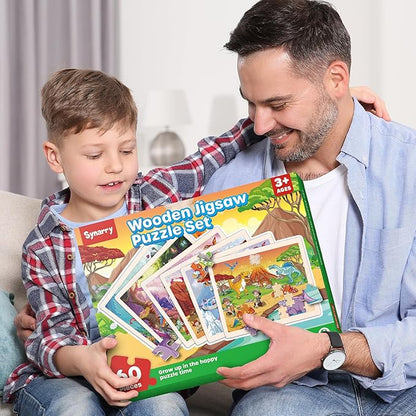 SYNARRY Wooden Dinosaur Puzzles for Kids Ages 4-6, 6 Packs 60 PCs Jigsaw Puzzles Educational Toys Gifts for Children Ages 4-8, Kids Puzzles for 4+ Year Olds Boys Girls