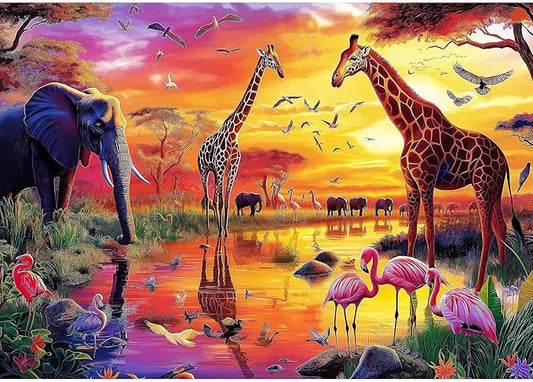 Animal Jigsaw Puzzles for Adults 1000 Pieces Nature Wildlife Scene with Elephants Lion Tiger Giraffes Flamingos Puzzle Family Challenging Funny Puzzle Perfect for Game Nights (27.5"X19.6")