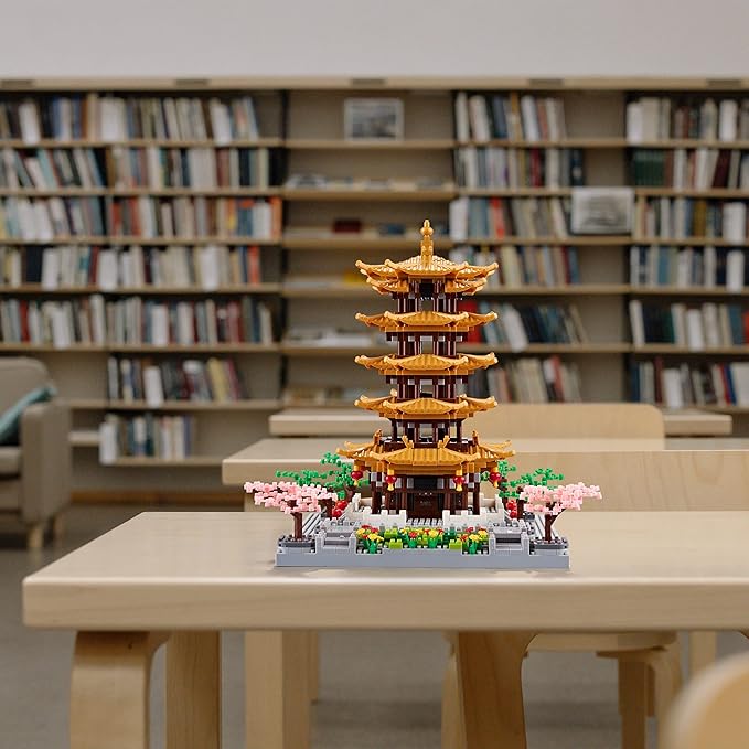 Chinese Ancient Famous Architecture Micro Building Blocks Set for Adults Yellow Crane Tower with Sakura Tree Cherry Plants, Toys for Kids Age of 14+ 2200 pcs