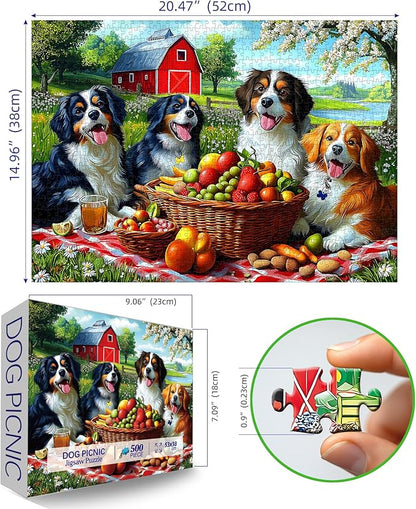 Puzzles for Adults 500 Pieces Cute Dogs Jigsaw Puzzles 500 Pieces Difficult Fun Puppy Autumn Picnic Unique Family Puzzle Challenging Games Gift for Teens Kids Adults (21"x15")