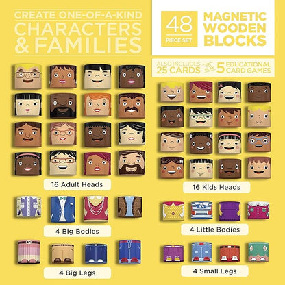 48-Piece Multiracial Family Play Set – Magnetic Wooden Diversity Building Blocks for Kids – Multicultural Puzzles, SEL Toy for Ages 1+