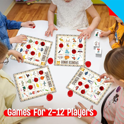 Spanish Bingo Game, 12 Vocabulary Bingo Board Game Bilingual Word Learning Educational Toys for Words Learning - Ages 5 and up (Up to 12 Players)