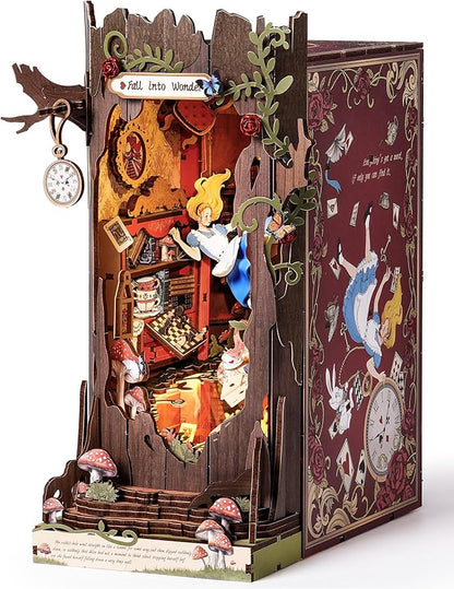 Rolife DIY Book Nook Kits Fall into Wonder, Fairy Tale Bookend Wooden 3D Puzzles for Bookshelf Decor, DIY Miniature House Building Kit for Adults, DIY Crafts/Surprised Gifts for Teens & Book Lovers