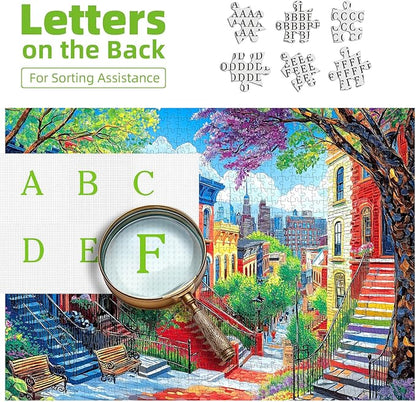 Colorful City Street 1000-Piece Jigsaw Puzzle for Adults - Vibrant Urban Brownstone Scene with Blooming Trees - Challenging Puzzle Games for Adults & Family Game Night (27.6" x 19.7")