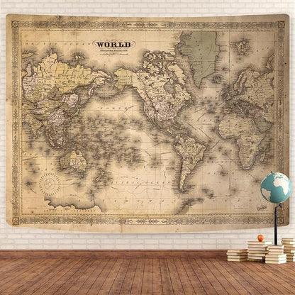 GOAOK Retro Vintage Map World Map Tapestry, 90"x70", Polyester, Wall Mount, Bedroom & Office