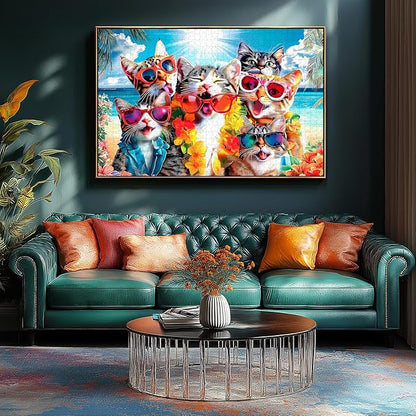 500 Piece Funny Cat Jigsaw Puzzle for Adults - 23x15 Inch Beach Party with Sunglasses & Leis, Unique Fun Puzzles for Home Decor & Gift