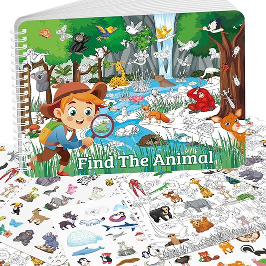 Find The Animal Sticker Book for Kids Ages 2-4, Include 20 Theme Stickers for Kids, Learning & Educational Toy, Find Over 400+ Hidden Object, Airplane Toys for Toddlers 3-5, Preschool Activities