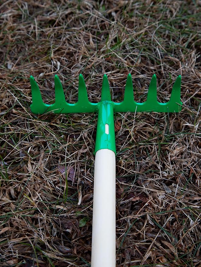 JustForKids Kids Garden Tool Set Toy, Rake, Spade, Hoe and Leaf Rake, reduced size , made of sturdy steel heads and real wood handle, 4-Piece, Multicolored, 5yr+