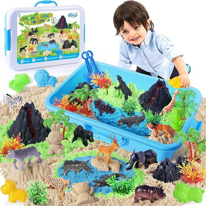 Billeeit Animal Sensory Bin Sand Toy, Play Sand Kit w/lid and 2.2lbs Magic Sand, Molds, Tools, Map Set 35pcs Total, Fun Gift for Kids 3+