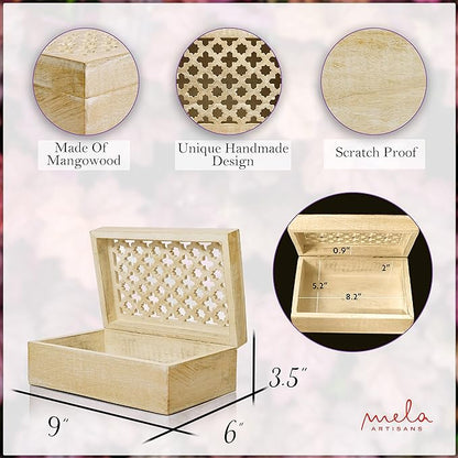 Mela Artisans Wooden Keepsake Box | Whitewash Mango Wood Memory & Photo Storage Box with Hinged Lid | Decorative Storage Box | Large | 9x6x3.5 Inch