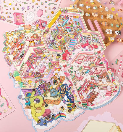 DIY 3D House Stickers, 4 Sets Fun DIY Stickers Scene Make Your Own Mini House Cute Cartoon Animal Scene Stickers for Kids Adult Sticker Art Relief Stress Pass The Time- Large Size