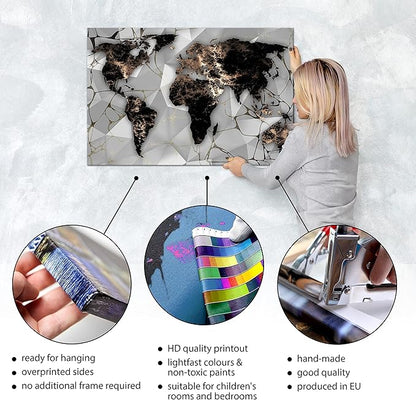 artgeist Textured Canvas Wall Art World Map 24x16 in - 1pcs Painting Canvas Prints Picture Artwork Image Framed Modern Photo Wall Home Marable Black k-C-10012-b-a