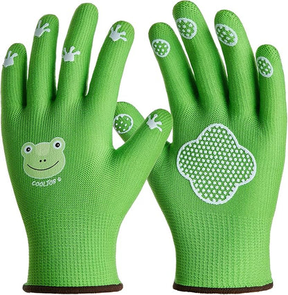 COOLJOB Small Toddler Gardening Gloves for Little Boys Girls Ages 2-4, Breathable Kids Work Gloves with Grippy Animal Paw Dots for Children Yard Landscape, Green Frog, 1 Pair