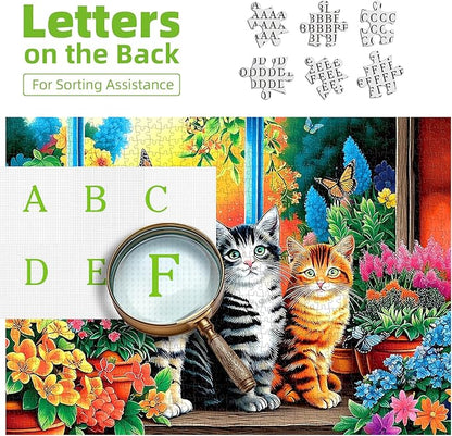 500 Piece Cat Jigsaw Puzzle for Adults - 23x15 Inch Cute Kittens in Garden Window with Butterflies & Flowers, Unique Art Puzzle for Home Decor & Gift