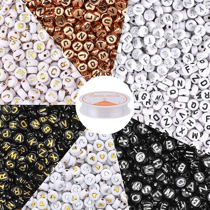 1900Pcs 7 Colors Round Letter Beads 4×7mm Acrylic Alphabet Beads with 1 Roll Elastic String for Bracelet Necklace Jewelry Making Supplies
