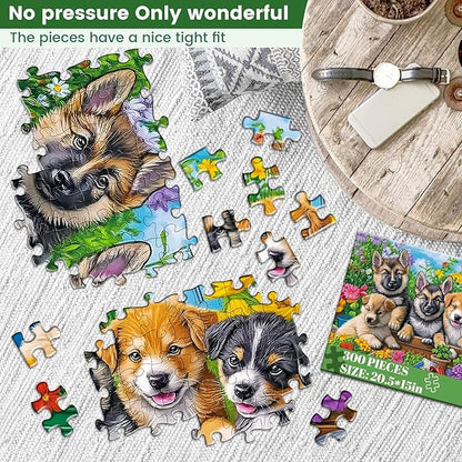 300 Piece Puzzles for Adults,Fun Puppies Puzzle for Adults Teens,Large Piece Cute Dogs Jigsaw Puzzle for Kids Ages 8-10 10-12,Glossy Sturdy Pieces,Challenging Family Game Great Gift Idea,20.5 x 15 in