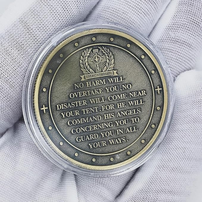 Archangel Michael Challenge Coin Religious Art Collectible with Inspirational Scripture Psalm 91:10 – 11 (Pack of 3)