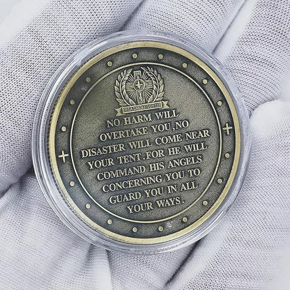 Archangel Michael Challenge Coin Religious Art Collectible with Inspirational Scripture Psalm 91:10 – 11 (Single Coin)