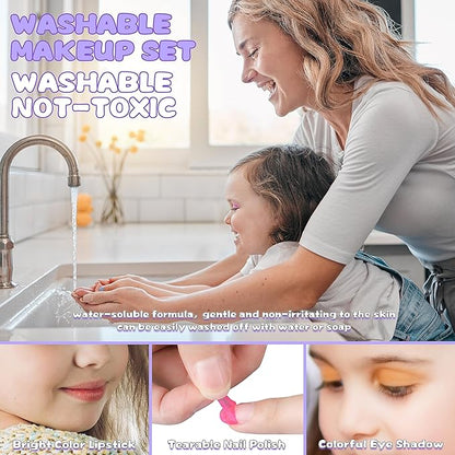 54 Pcs Kids Makeup Kit for Girls, Princess Real Washable Pretend Play Cosmetic Set Toys with Mirror, Birthday Gifts for 3 4 5 6 7 8 9 10+Years Old Girls Kids (Light Purple)