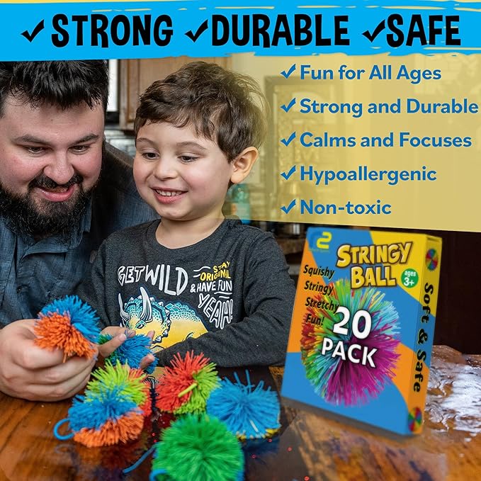 Stringy Balls & Sensory Toys for Kids 20 Pack - Stocking Stuffers For Kids Ages 4 5 6 7 8 + Year Old Gift Ideas - Best Birthday Toddler Gifts for Boys & Girls - Monkey Pom Balls Fidget Toys Party Pack