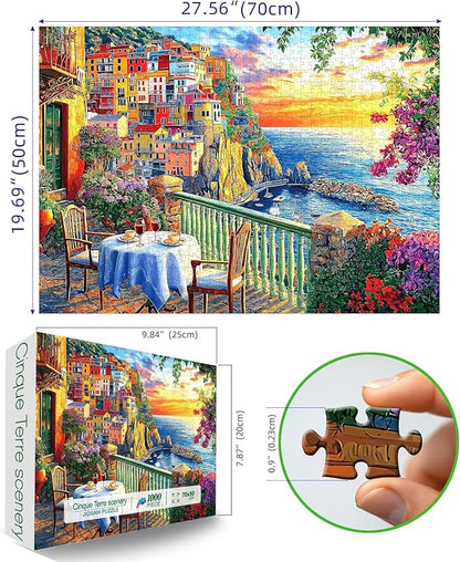 Italy Cinque Terre Jigsaw Puzzles for Adults 1000 Pieces Coastal Village Beautiful Landscape Scenery Sunset View with Letters on Back Hard Impossible Difficult challenging Family Puzzle (27.5"x19.6")