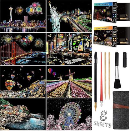M MUGIT Scratch Art for Adults Kids, Rainbow Painting Night View Scratchboard(A4), Crafts Set: 8 Sheets Scratch Cards with 6 Tools in Bag - New York, Statue of Liberty, Cinque Terre(America/Europe)
