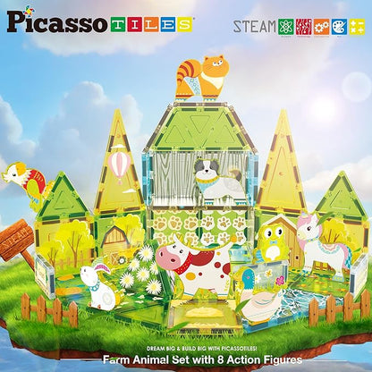 PicassoTiles Magnetic Tile Farm Animal Building Playset with 8 Character Figures STEM Construction Toy for Kids Age 3 Plus Educational Pretend Play Learning Blocks Farmyard Creative Activity Kit PTQ17