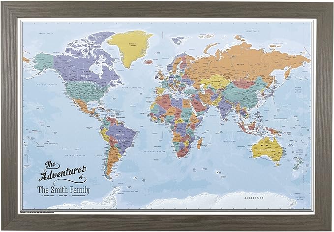 Push Pin Travel Maps Canvas - Personalized Blue Oceans World with Barnwood Gray Frame